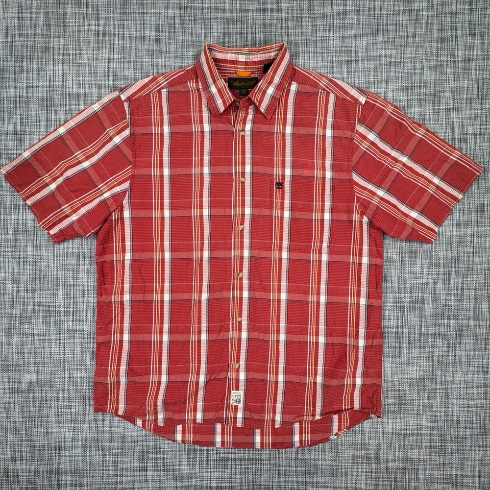 Timberland Mens Shirt Short Sleeve Plaid Button Down Logo Red XL Western Dadcore